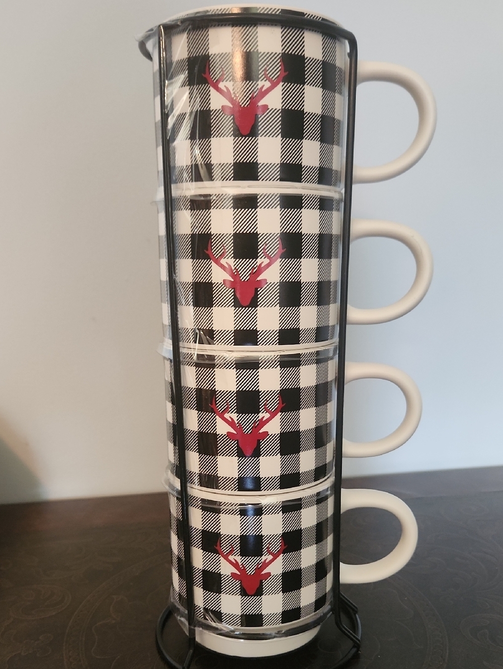Stackable Buffalo Check Mug Set with Red Deer Motif - Home Dining